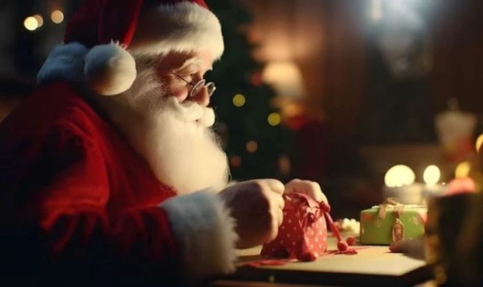 Santa Claus đang gói quà để tặng trong dịp Noel