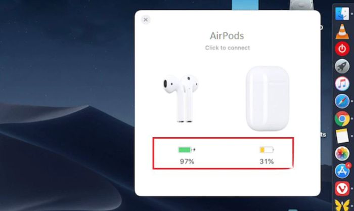 Khi kết nối thành công, bạn sẽ thấy thông tin về dung lượng pin của AirPods