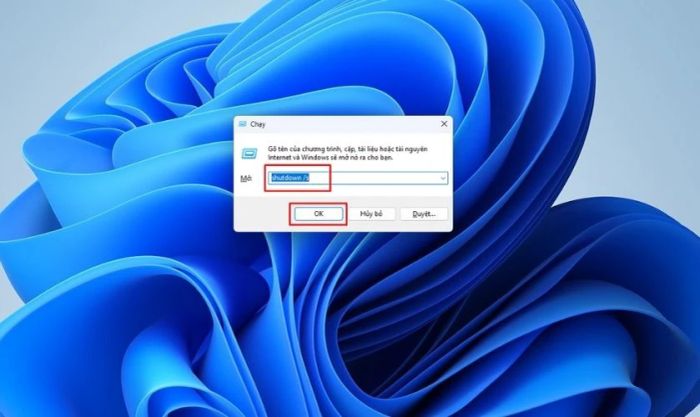 Nhập lệnh tắt máy và nhấn Enter hoặc OK