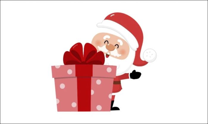 Ông già Noel đứng cạnh hộp quà phiên bản chibi