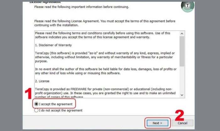 Đánh dấu chọn I accept the agreement và nhấn Next để tiếp tục