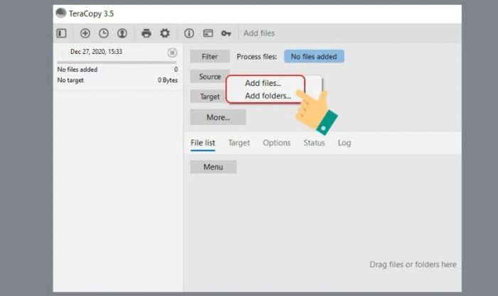 Nhấn vào Source tại giao diện chính và chọn Add file để thêm tệp
