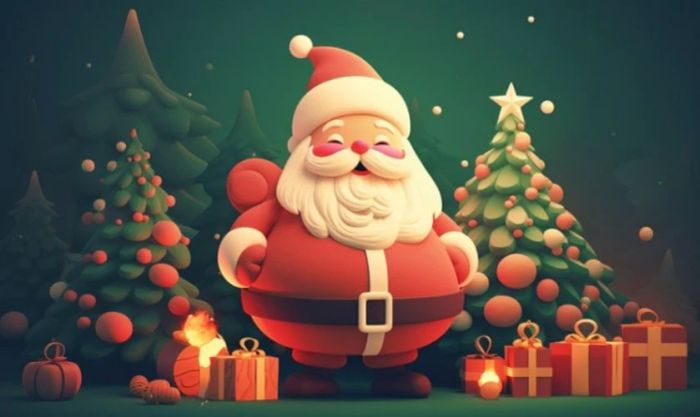Santa Claus đứng bên cây thông Noel