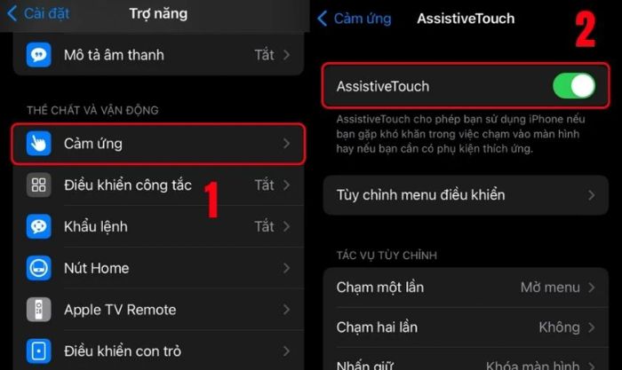 Cuộn xuống dưới, chọn Cảm ứng và kích hoạt tính năng Assistive Touch