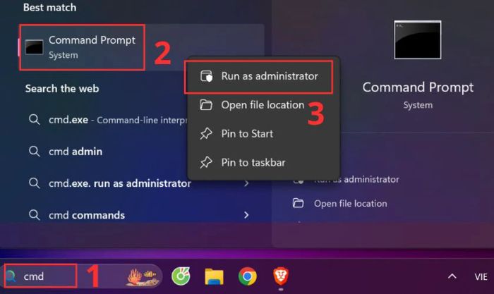 Nhập cmd vào thanh tìm kiếm trong Menu Search, nhấn chuột phải và chọn Run as Administrator để khởi chạy Command Prompt với quyền quản trị viên.
