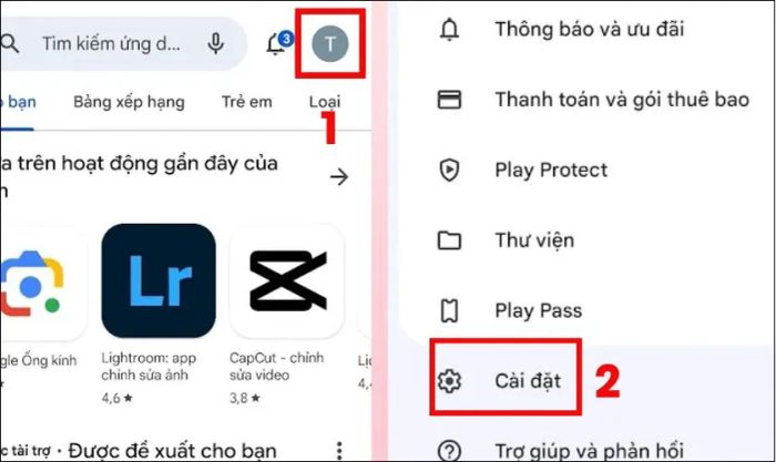 Mở cửa hàng CH Play, chọn biểu tượng Hồ sơ và vào mục Cài đặt