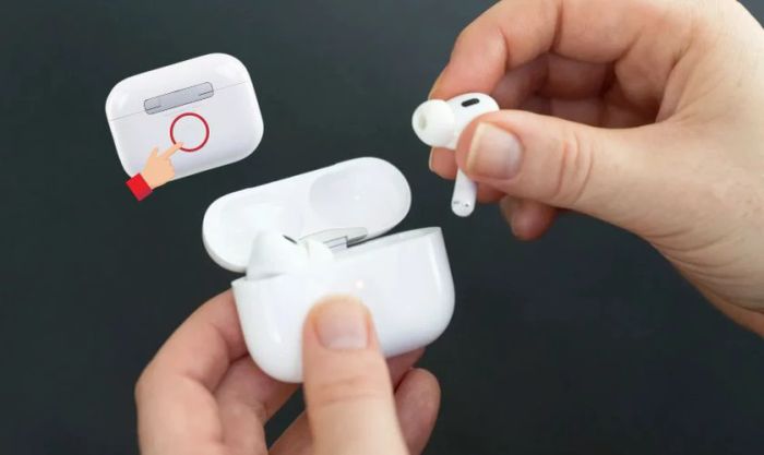 Nhấn và giữ nút trên hộp AirPod cho đến khi đèn LED bắt đầu nhấp nháy trắng