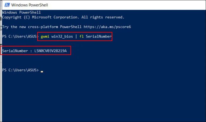 Kiểm tra số serial bằng lệnh PowerShell