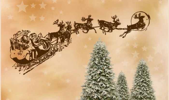 Cỗ xe của ông già Noel bay ngang qua ngọn thông
