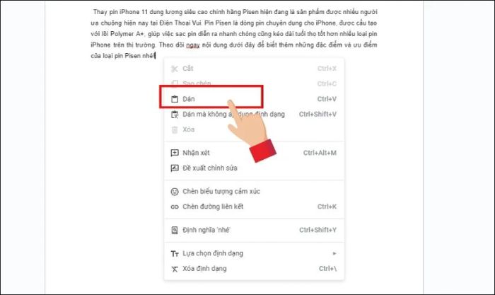 Nhấp chuột phải vào vị trí cần dán và chọn Paste từ menu