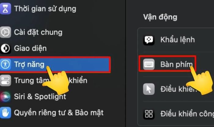 Nhấn vào Trợ năng và chọn mục Bàn phím
