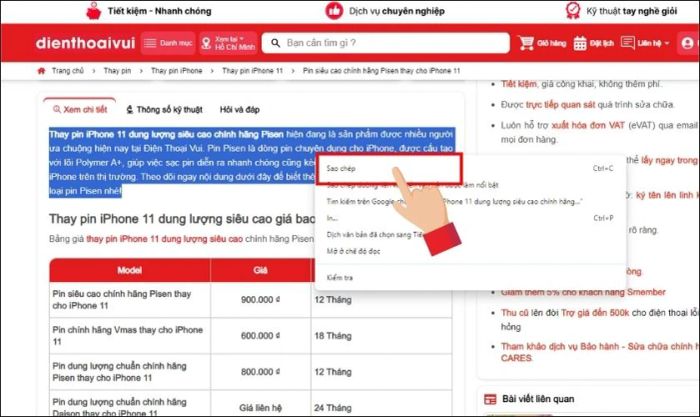 Nhấp chuột phải và chọn từ menu hiển thị
