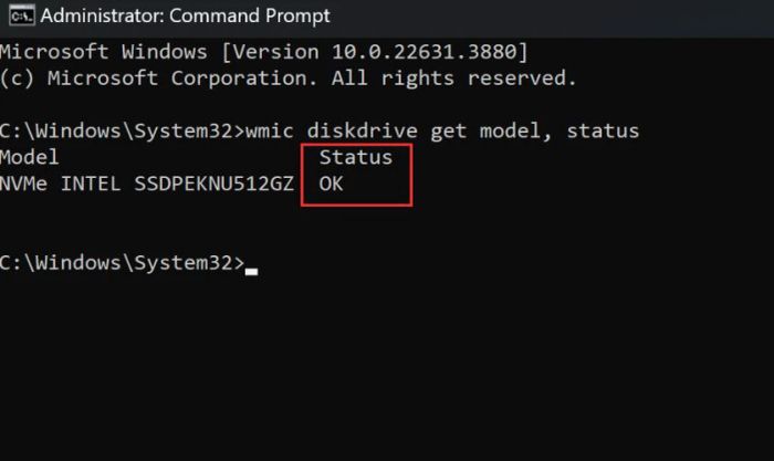Hướng dẫn kiểm tra ổ cứng laptop cũ bằng lệnh WMIC trong Command Prompt