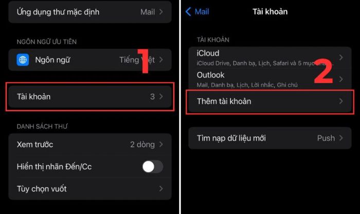 Chọn mục Tài khoản, rồi chọn Thêm tài khoản để tiếp tục.