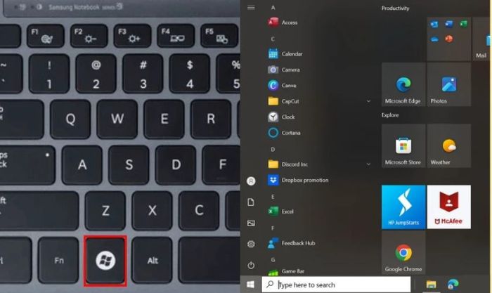 Bạn có thể mở Start bằng cách nhấn phím Windows
