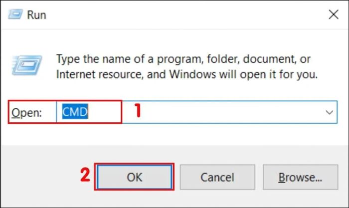 Trong ô Open, bạn hãy gõ CMD rồi nhấn Enter hoặc OK để tiếp tục.