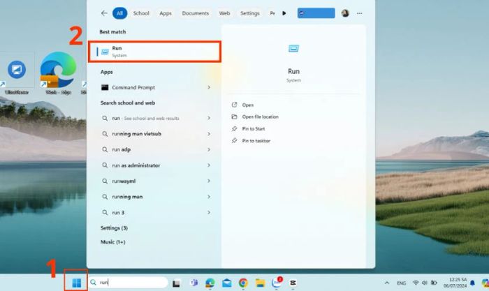 Nhập từ khóa Run vào thanh tìm kiếm và nhấn Enter