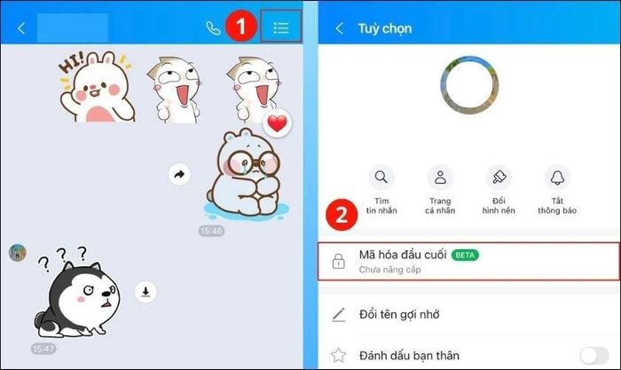 Sau đó, nhấn vào biểu tượng 3 dấu gạch ngang ở góc phải màn hình. Tiếp theo, chọn mục Mã hoá đầu cuối