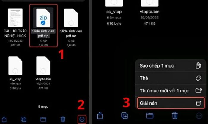 Nhấn vào biểu tượng 3 chấm ở góc phải màn hình và chọn Giải nén
