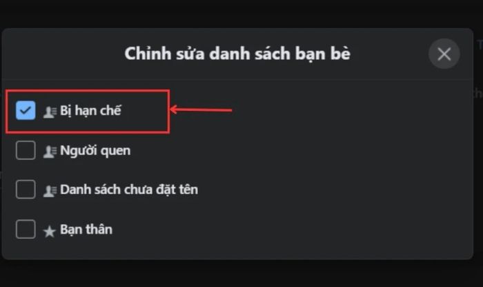 Chọn mục Bị hạn chế để giới hạn quyền truy cập của bạn bè.