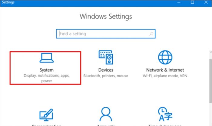 Chọn mục System trong Windows Settings