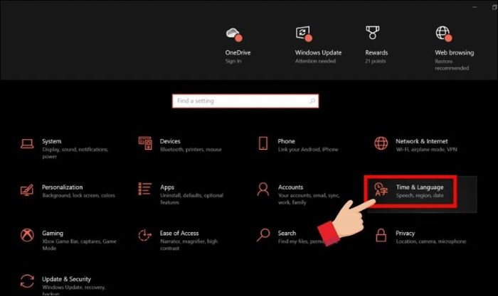 Tìm và nhấp vào mục Time & Language trong cửa sổ Settings