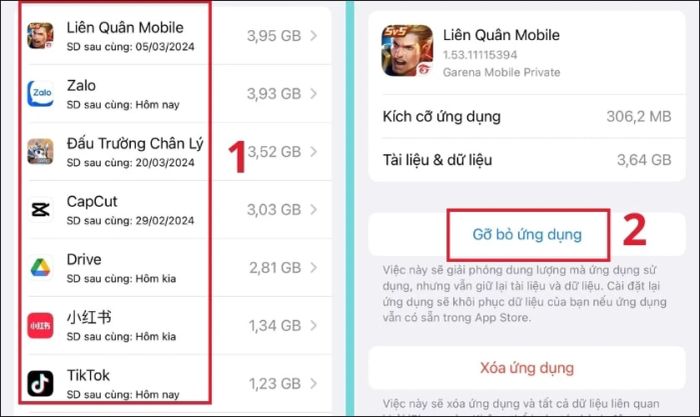 Gỡ bỏ ứng dụng để giải phóng bộ nhớ đệm trên iPhone