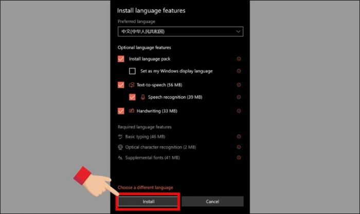 Nhấn Install để khởi động quá trình cài đặt bàn phím tiếng Trung trên máy tính Windows 10