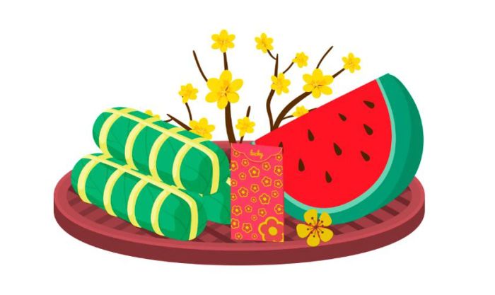 Sticker Tết 2025 với hình ảnh bánh chưng và dưa hấu – biểu tượng Tết không thể thiếu