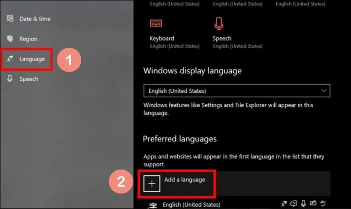 Nhấn Add a language để thêm ngôn ngữ mới vào máy tính Windows 10