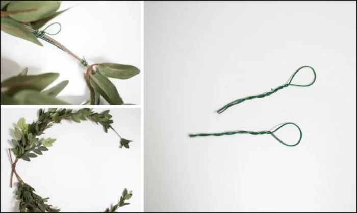 Quấn móc treo vào vòng nguyệt quế để có thể treo các phụ kiện trang trí lên.