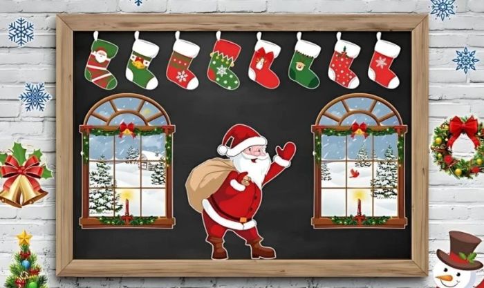 Dùng hình dán ông già Noel để làm nổi bật không gian Giáng Sinh tại trường mầm non