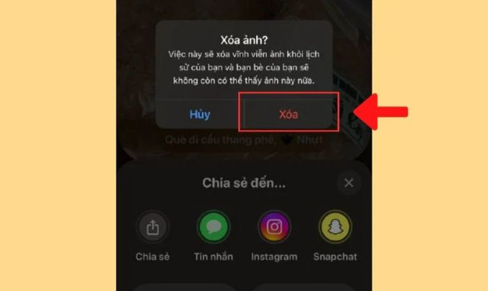 Xác nhận xóa ảnh trên Locket bằng cách nhấn vào nút Xóa