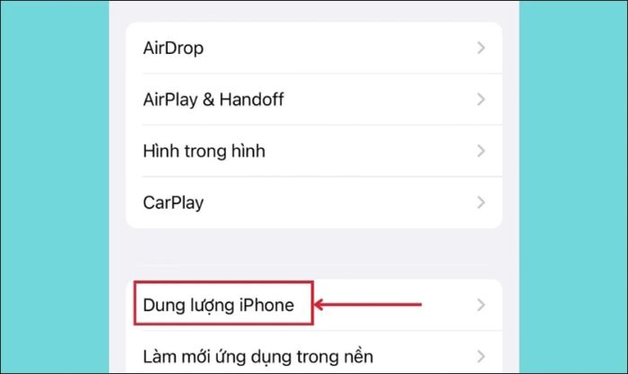 Chọn mục Dung lượng iPhone
