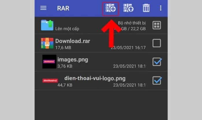 Nhấn vào biểu tượng dấu cộng trên thanh công cụ để tiến hành nén file