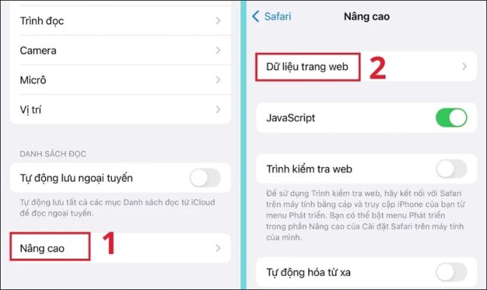 Chọn mục Dữ liệu trang web