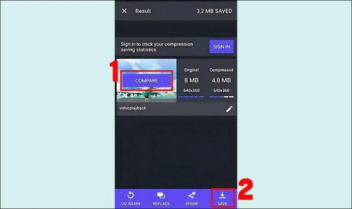 Nhấn Compare để kiểm tra mức dung lượng đã giảm sau khi nén video