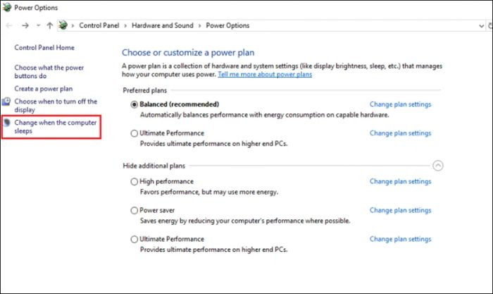 Chọn mục Change when the computer sleeps trong Power Options