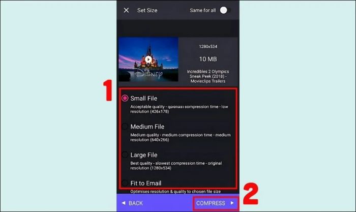 Chọn kích thước phù hợp và nhấn Compress để bắt đầu quá trình nén video