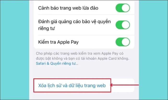 Chọn mục Xóa lịch sử và dữ liệu trang web