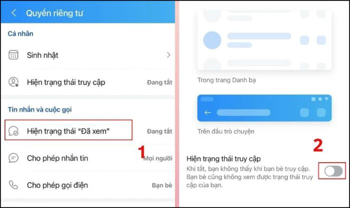 Thiết lập quyền riêng tư: Hiển thị hoặc tắt trạng thái tin nhắn