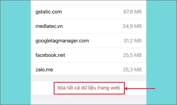 Chọn Xóa tất cả dữ liệu trang web