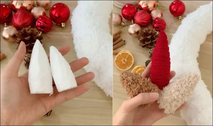 Cắt xốp thành các hình chóp nhỏ để tạo ra quả thông trang trí cho vòng.