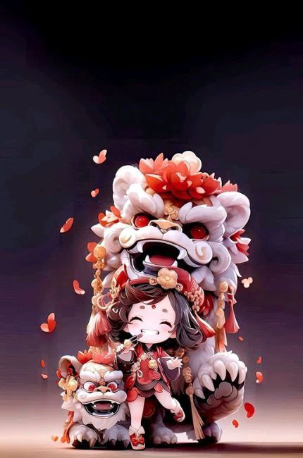 Hình nền Tết chibi với chủ đề Lân Tết dành cho điện thoại