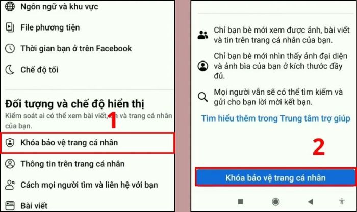 Tìm và nhấn chọn Khóa bảo vệ trang cá nhân