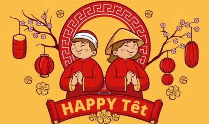 Wallpaper Tết chibi tone vàng - lời chúc mừng năm mới an lành