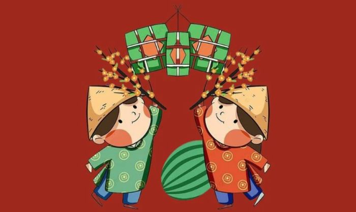 Hình nền Tết 2025 chibi với tone màu đỏ