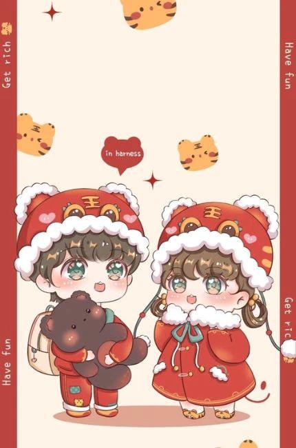 Hình nền Tết chibi cho cặp đôi