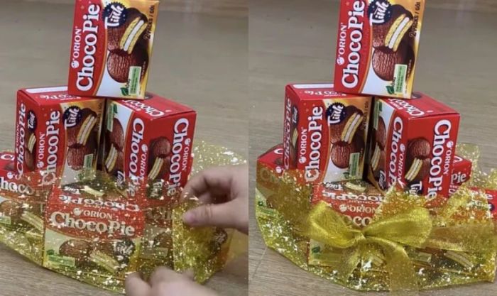 Cố định tháp bằng giấy gói quà, ruy băng hoặc màng bọc thực phẩm
