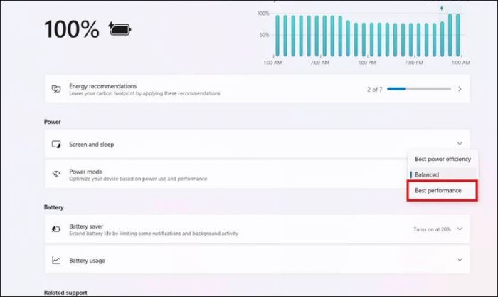 Chọn chế độ High Performance hoặc Best Performance để tối ưu hiệu suất.